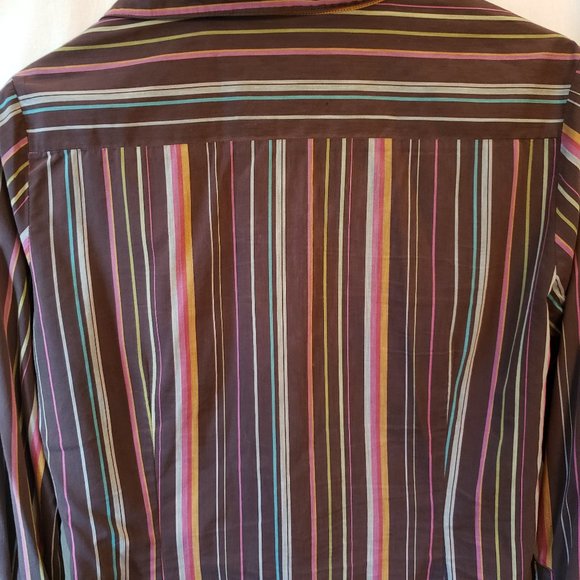Jane Blue Brown Multicolor Striped Collared Button Cotton Dress Shirt L G - Picture 10 of 12